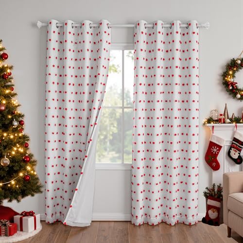 Blackout Curtains for Nursery Thermal Insulated Red Pom Pom Curtains 72 Inch Long for Girls Bedroom 2 Panels White Sheer Curtains for Dining Room Door Grommet (2 Count)