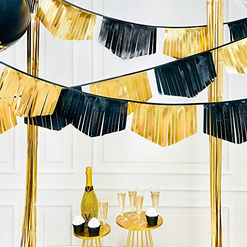Black and Gold Tassel Banner Double Sided Metallic Fabric Pennant Bunting Flag Garland for Graduation Anniversary Bachelorette Birthday Engagement Wedding Bridal Shower Hen Party Decorations Supplies (18 Count)