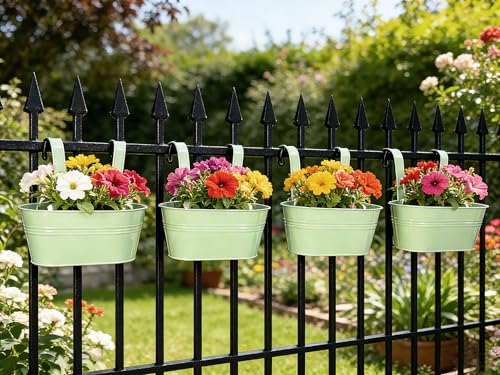 4 Pack 10" Balcony Hanging Metal Fence Planters Flower Pots (4 Count)