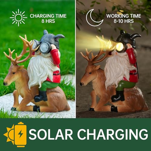 Garden Gnome Statues Resin Gnome Sitting On Deer Statues Solar Lights Outdoor Telescope Gnome Gifts for Yard