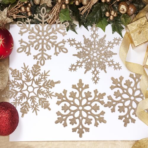 8pcs Large Champagne Gold Snowflakes Ornaments 12” Big Plastic Glitter Snowflake for Winter Indoor Outdoor Christmas Tree Window Room Decorations Giant Craft Snowflakes (6 Count)