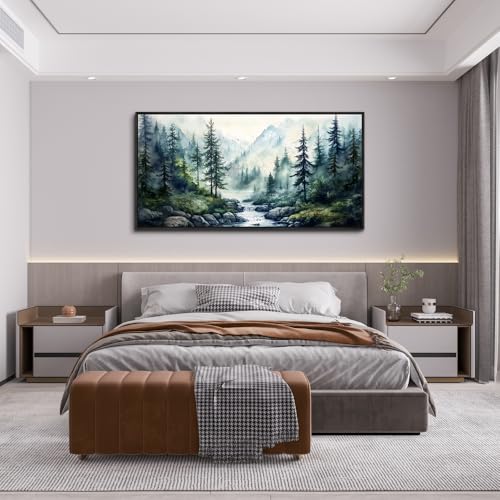 Large Black Framed Wall Decor For Living Room Canvas Wall Art For Office Modern Wall Decorations For Bedroom Misty Forest Painting Tree landscape Pictures Artwork Home Decor 24x48 In