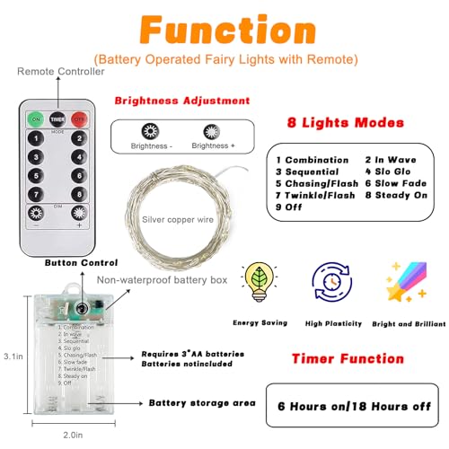 3 Pack 60 LED Fairy Lights Battery Operated with Remote