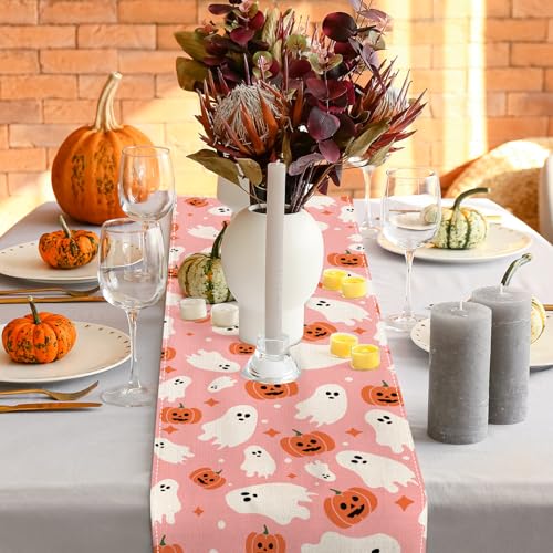 Pink Halloween Table Runner Cute Ghost Table Cover Spooky Halloween Kitchen Dining Decoration for Indoor Outdoor Home Party Supplies