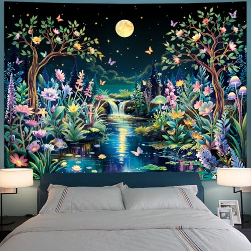 Blacklight Fantasy Forest Tree Tapestry UV Reactive Floral Plant Tapestries Trippy Moon Butterfly Wall Art Decor Nature Landscape Wall Hanging for Bedroom