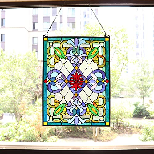 W10028 Victorian Tiffany Style Stained Glass Window Panel with Chain