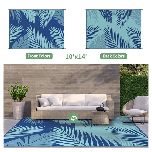 Outdoor Rug Waterproof Plastic Rugs 10'x14' for Camping Navy Green