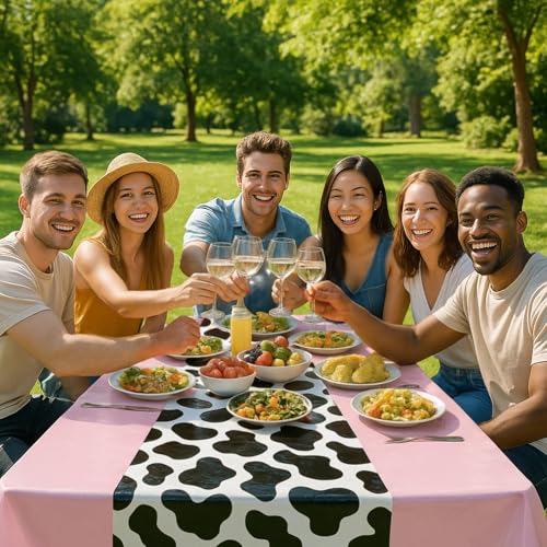 6 Pack 108 x 54 Inch Cow Print Tablecloth Cow Plastic Table Cover Birthday Party Table Cloth Disposable Plastic Farm Animal Party Cover for Disco Cowgirl Decorations Supplies Pink (6 Count)