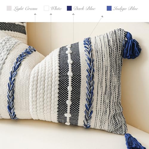 Decorative Lumbar Throw Pillow Cover 12x20 Boho Dark Blue Accent Cushion for Couch Sofa Farmhouse Pillowcase for Bedroom Living Room Home Décor Cover ONLY