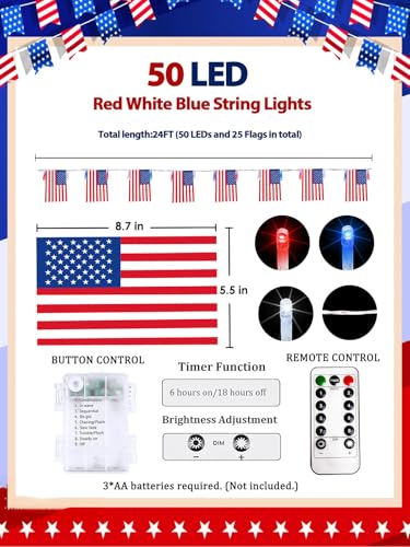 4th of July Lights 24FT Red White Blue Flag LED String Lights with Remote