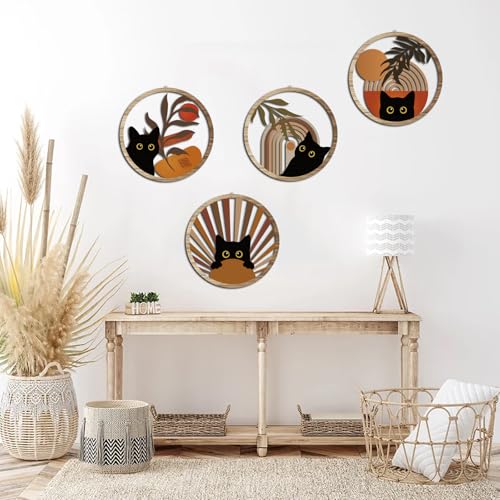 Boho Black Cat Wall Art Black Cat Room Decor Aesthetic (4 Count)