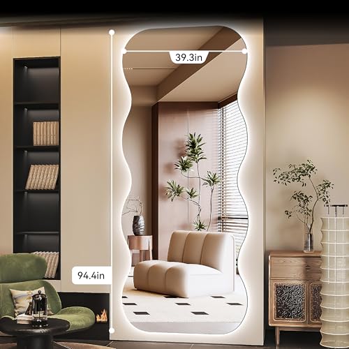 94"x39" Wavy Full Length Mirror with Lights Large Backlit Mirror