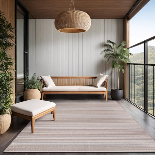 Stripe Outdoor Rug 10x14 Washable Outside Carpet for Indoor Patio Porch Waterproof Easy Cleaning Non Shedding Area Rugs Beige 10 x 14 (144 Sq Ft)