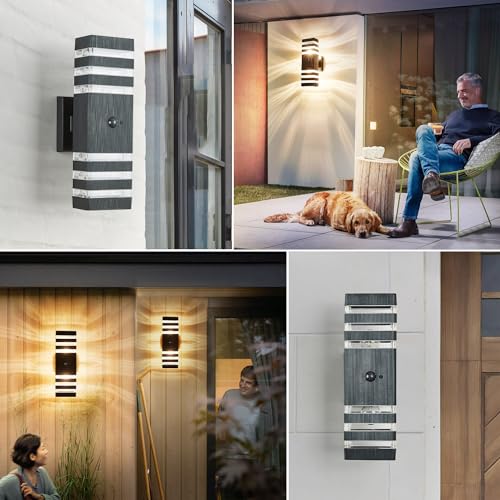 Motion Sensor Outdoor Wall Light Fixture Up Down Porch Lights Modern Dusk to Dawn Exterior Sconce Wall Mount Outside Coach Lantern for House Front Door Garage