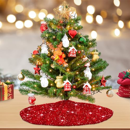Red Christmas Tree Skirt Mini Glitter Tree Skirts 21 Inch Sequin Xmas Tree Skirt Thick Velvet Tree Mat Small Sparkly Tree Skirts Bling Christmas Tree Skirting Collar for Winter Holiday Decor
