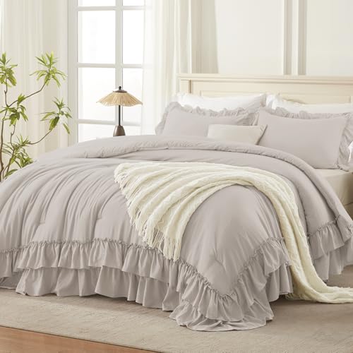Linen Grey Ruffle California King Comforter Set