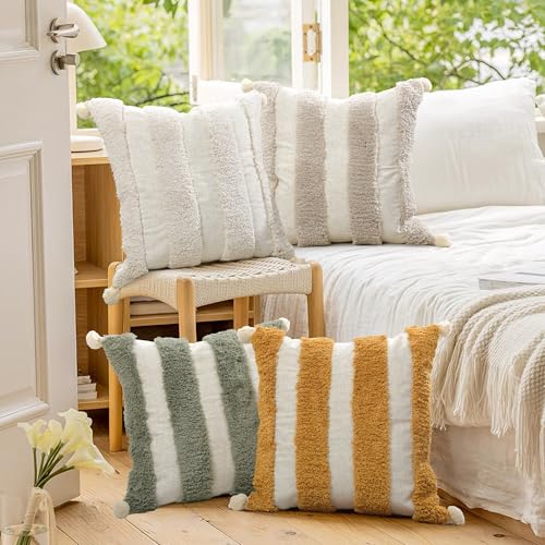 Boho Throw Pillow Covers 18x18 Tufted Home Decor Natural Beige