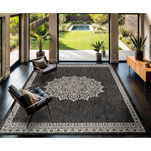 Outdoor Rug 8x10 Medallion Darkgray Modern Area Rugs for Indoor and Outdoor Patios Kitchen and Hallway Mats Washable Porch Deck Outside Carpet (80 Sq Ft)