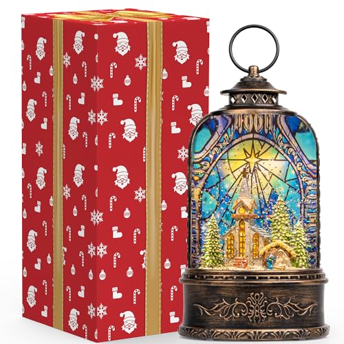 Christmas Snow Globe Lantern Water Glittering Churches & Holy Family with Music& Timer