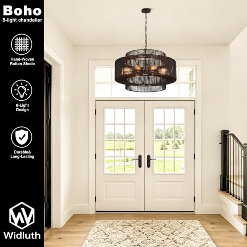 30" Large Black Rattan Chandelier (8 Count)