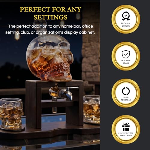 Skull Skeleton Wine & Whiskey Decanter Set 750mL with 2 Skull Shot Glasses 3oz (4 Count)