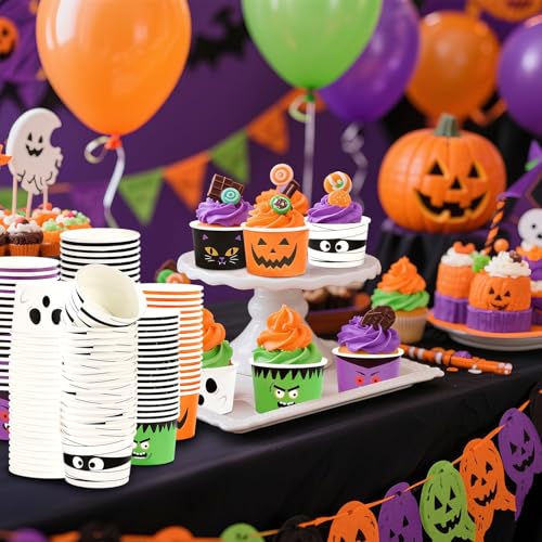 120 Pcs Halloween Ice Cream Cups 12 oz Disposable Ghost Pumpkin Cat Paper Dessert Snack Soup Bowls Halloween Yogurt Cup Containers for Hot or Cold Food Candies Baby Shower Birthday Party Supplies (120 Count)