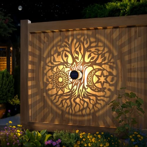 2 Pack Large Solar Fence Lights Metal Solar Powered Outdoor Wall Deck Step Lights Tree Theme Waterproof Fence Light for Garden Post Patio Backyard Yard Decor (2 Count)