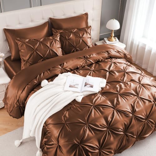 Satin Twin XL Comforter Set Brown