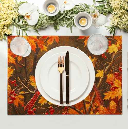 Maple Leaf Birds Fall Placemats Set of 4 Rustic Autumn Colored Maple Forest Tree Place Mat Seasonal Thanksgiving Harvest Table Mats for Party Kitchen Dining Outdoor Indoor Decor (4 Count)