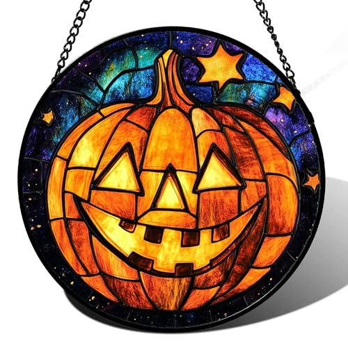 Stained Glass Window Hanging Halloween Horror Golden Pumpkin 11.8"
