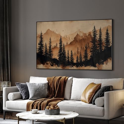 30"x60" Extra Large Framed Wall Art Rustic Mountain Pine Forest Silhouette in Warm Earth Tones for Home Living Room Bedroom Decor
