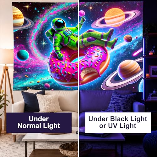 Blacklight Tapestry Astronaut Donut Glow Backdrop 78 x 59 Inch