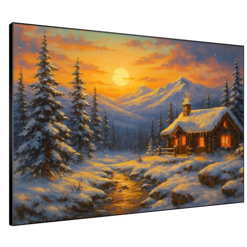60"x72" Extra Large Framed Wall Art Cozy Cabin in Snowy Mountain Landscape at Sunset for Home Living Room Bedroom Decor