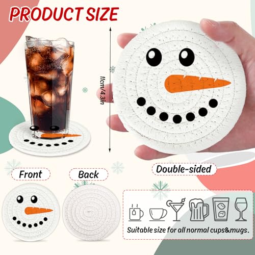 Christmas Cartoon Cotton Coasters Funny Santa Gingerbread Snowman Handmade Braided Drink Coasters Absorbent Cup Mats for Xmas Holiday Party Home Table Decor (4 Count)