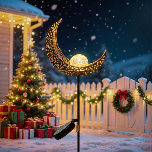 Moon Solar Lights Garden Outdoor Decor Waterproof Metal Solar Stakes Lights for Patio Yard Walkway Lawn Patio Mothers Garden Gifts Mom Wife Grandma