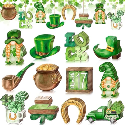Mtruil 12 Pcs St Patricks Day Ornaments for Tree Shamrock Wooden Dwarf