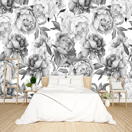 Grey Peony Floral Wallpaper Peel and Stick wall Mural for Bedroom Living Room