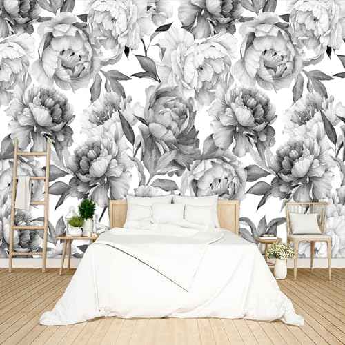 Grey Peony Floral Wallpaper Peel and Stick wall Mural for Bedroom Living Room