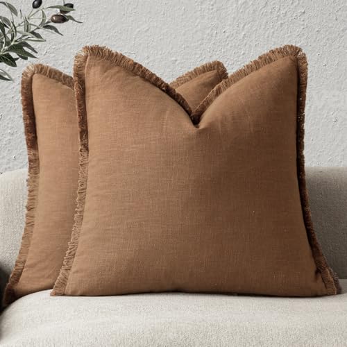 Decorative Linen Fringe Throw Pillow Covers 16×16 Orange Brown (2 Count)