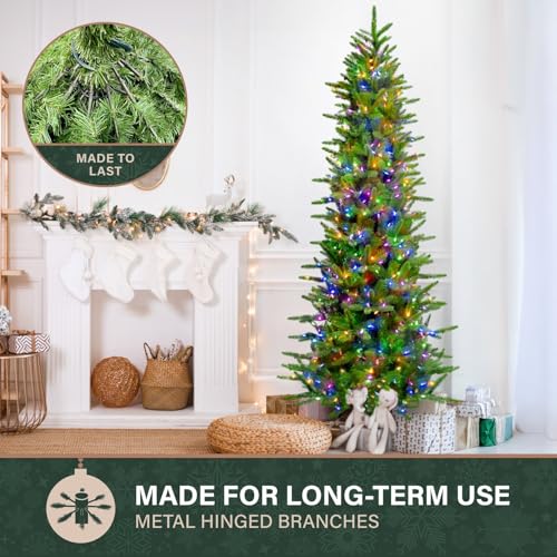 9 Ft. Carmel Pine Slim Artificial Christmas Tree with Dual Multicolor & Warm White LED Lights and Stand