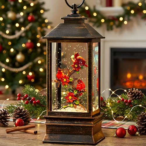 Christmas Snow Globe Lantern Indoor Decor Cardinal with Music