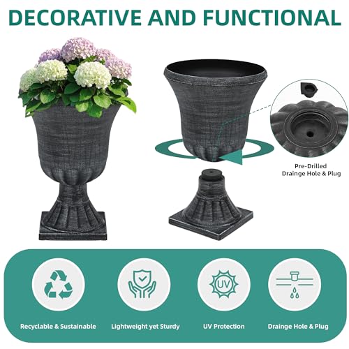 Autodaya 22" Handmade Washed Black Urn Planters Set of 2 Plastic Pots (2 Count)