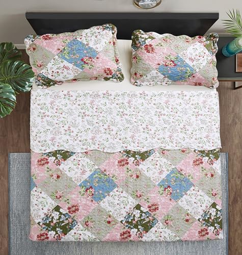 Peach & Olive Flowers Patchwork Quilt Set