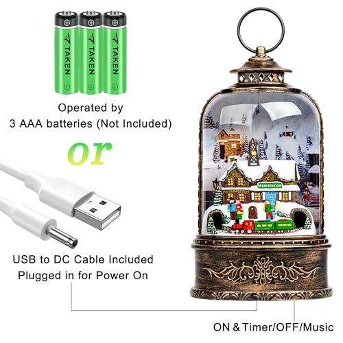 Christmas Village Snow Globe Water Lantern with Train Station Scene Battery Operated or USB Powered Musical Lighted Holiday Decoration for Tabletop Display for Family and Friends