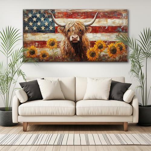 Country Highland Cow Wall Art for Living Room Rustic Retro Vintage American Flag Sunflower Canvas Painting Prints Highland Cattle Artwork Farmhouse Bedroom Office Decor