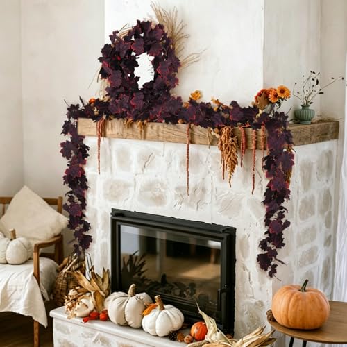 Fall Maple Leaf Garland Artificial Vintage Burgundy Maple Vine 2Pcs (2 Count)