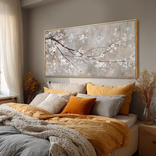Plum blossom Wall Decor White Flowers Painting on Canvas Nature Wall Art for Bedroom 24"x 48" Wall Decorations for Living Room Office