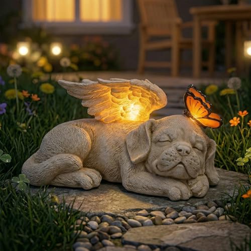 Sleeping Dog Angel Statue with Solar Light