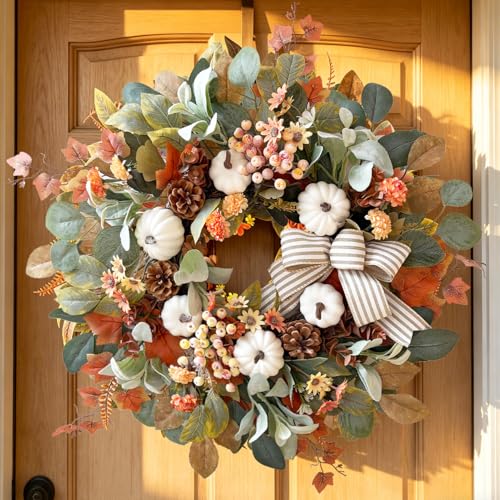 24 Inch Farmhouse Fall Wreath for Front Door with White Pumpkin