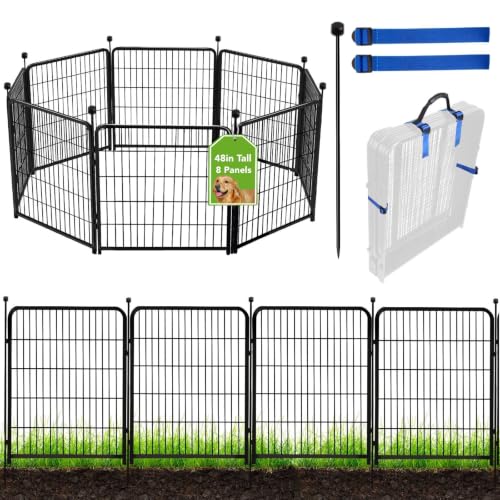 48 in(H) Garden Fence Panels, 8 Panels Total 17.7 Ft(L), Heavy Duty Iron Metal Animal Barrier Fence, Fencing for Flowers Beds, Camping Fence, No Dig Garden Border Fencing for Yard（No Gate） (72 Sq Ft)